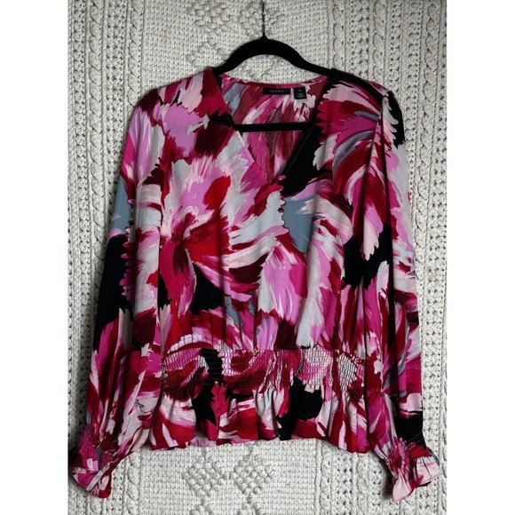 Halogen Women's Pink Floral Long Sleeve V-Neck Blouse‎ Gathered Waist Sleeve Med - Picture 1 of 5
